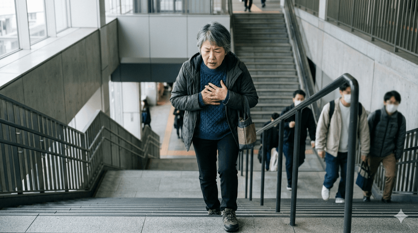 階段の途中で立ち止まり胸に手を当てて呼吸を整えている日本人の人物
