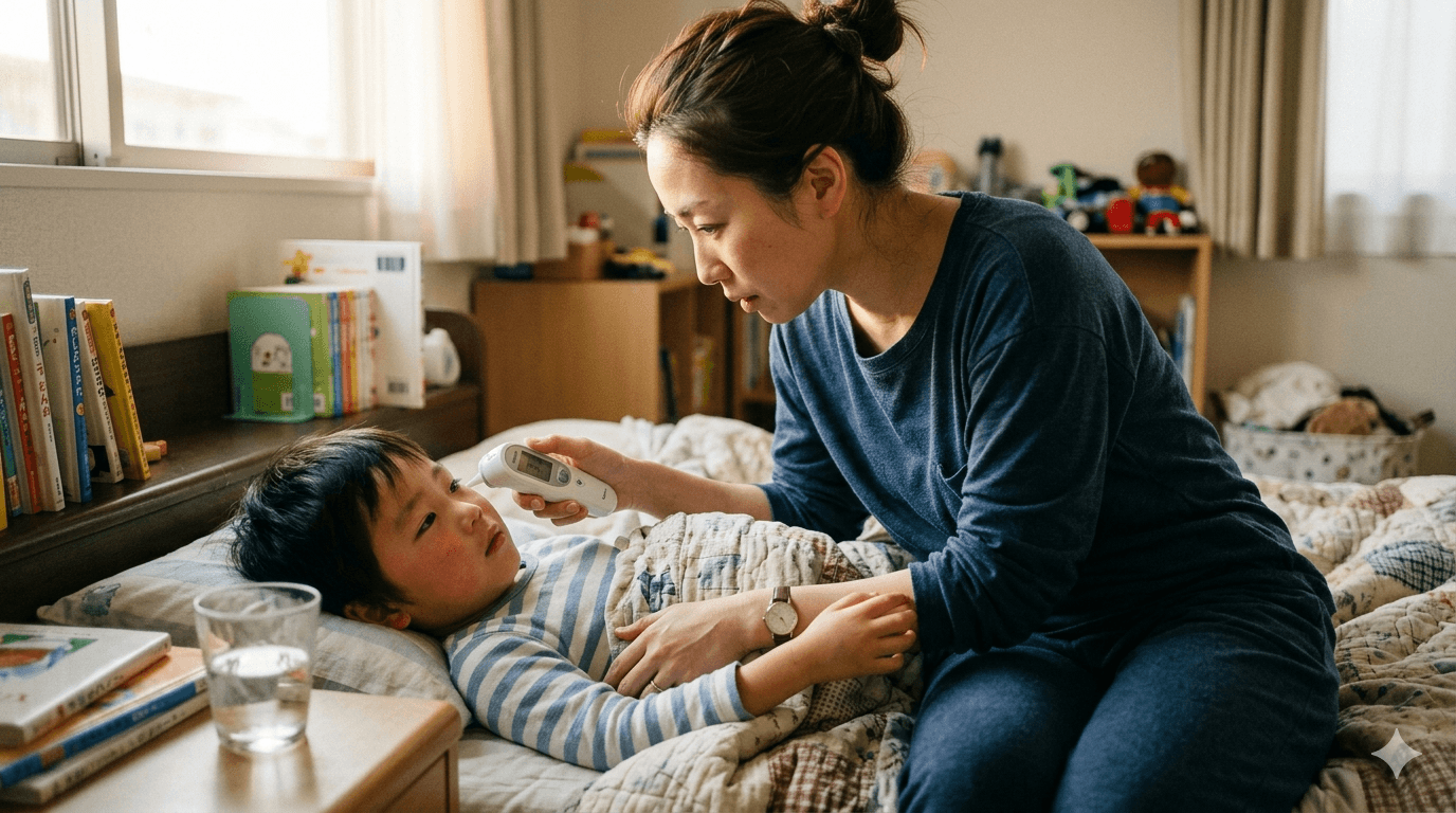子どもの体温を測る保護者の手元の写真