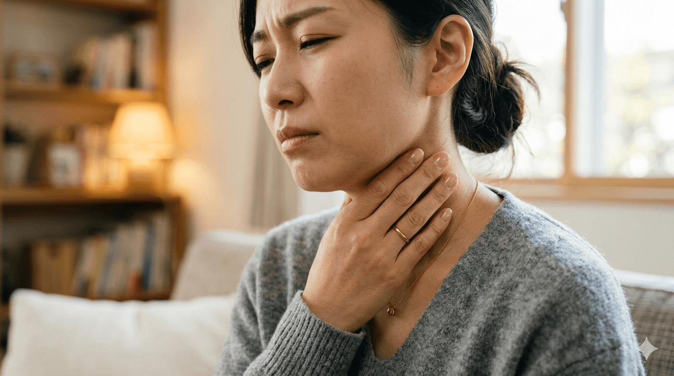 喉の違和感で首元を押さえている手元の写真