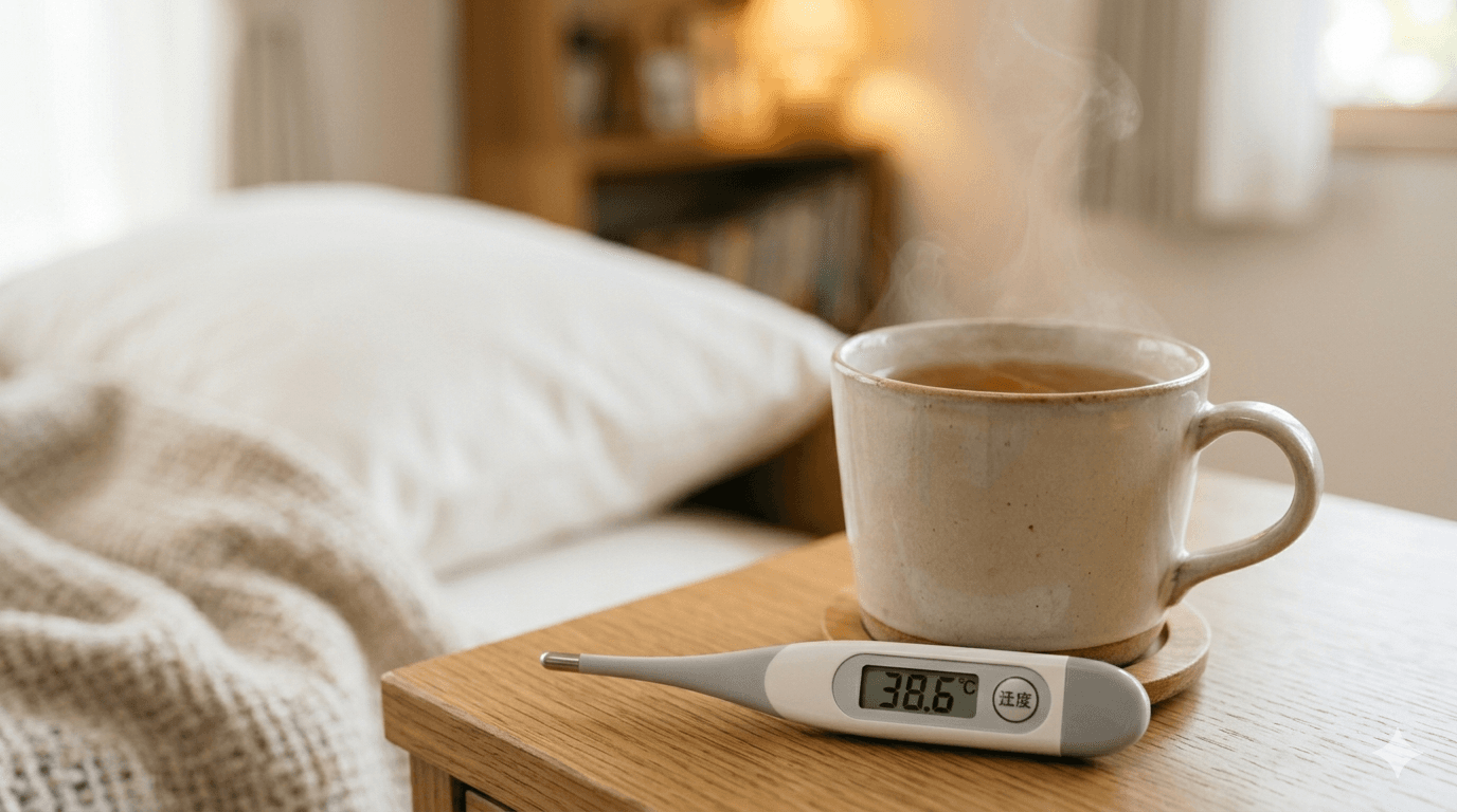 体温計と温かい飲み物を机に置いた写真