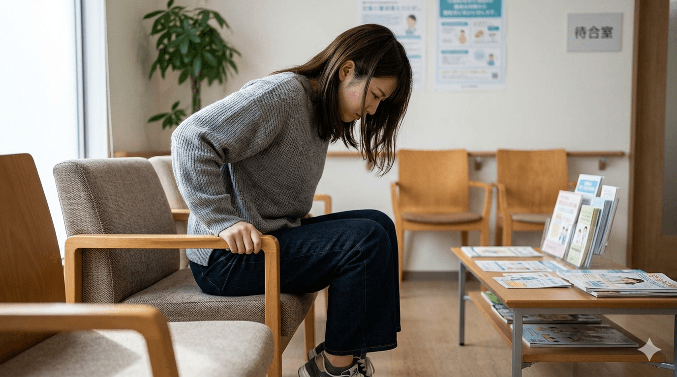 陰部のかゆみや痛みに不安を感じて椅子に浅く座る人物の様子