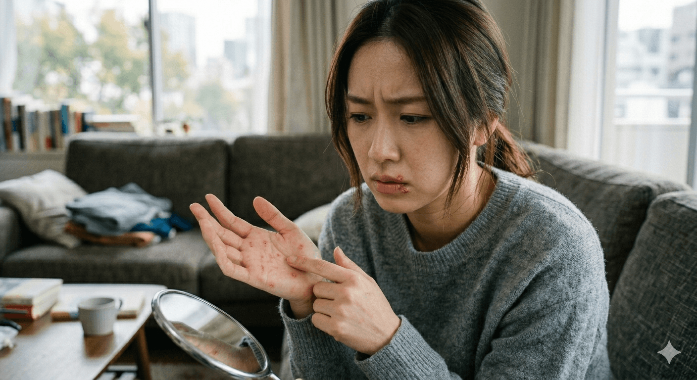 口や手のひらの水ぶくれやただれを見て困っている女性