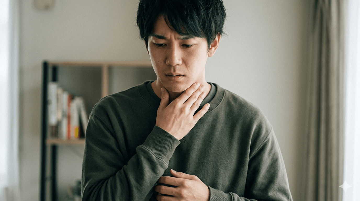 喉の違和感で首元に手を当てている人物の上半身