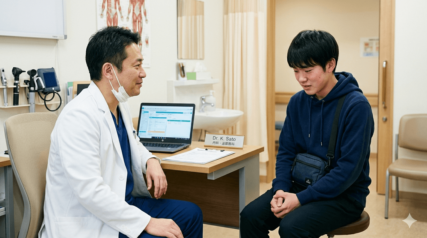 病院で受診前に緊張している若者の様子