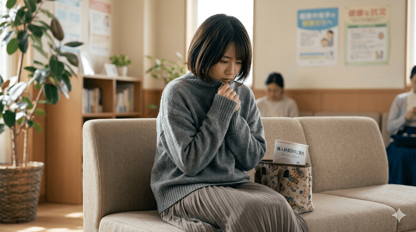 婦人科受診に不安を感じながら相談を考えている若い女性