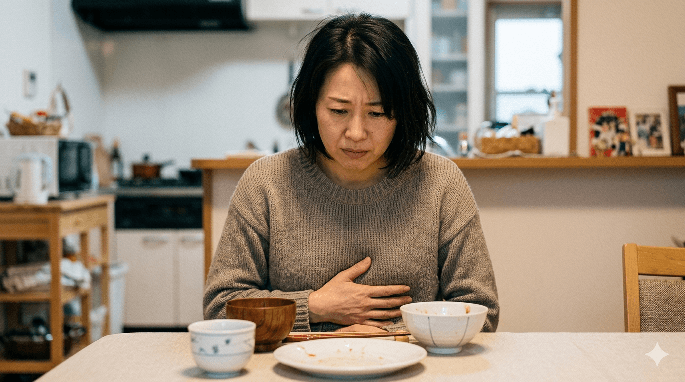 食後にみぞおちを押さえながら、胸やけと胃の違和感に不安を感じている人物