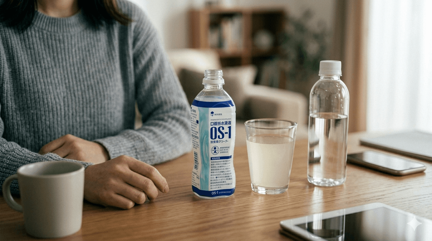 経口補水液や水分補給の飲み物を机に置いた写真