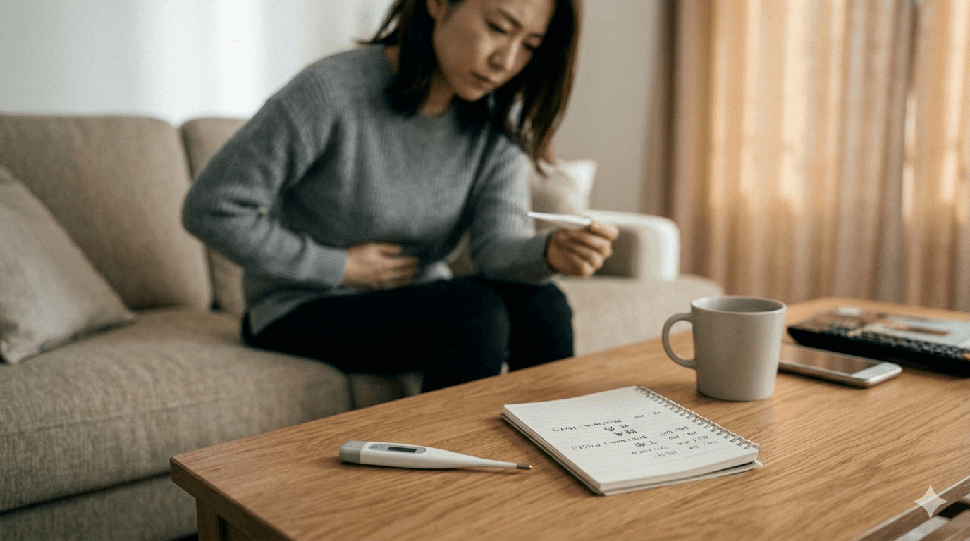 体温計と症状メモを並べた写真