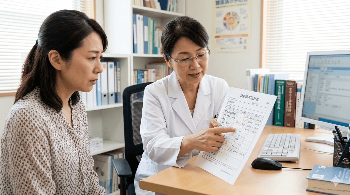 糖尿病の健診結果や採血結果を確認している場面の写真