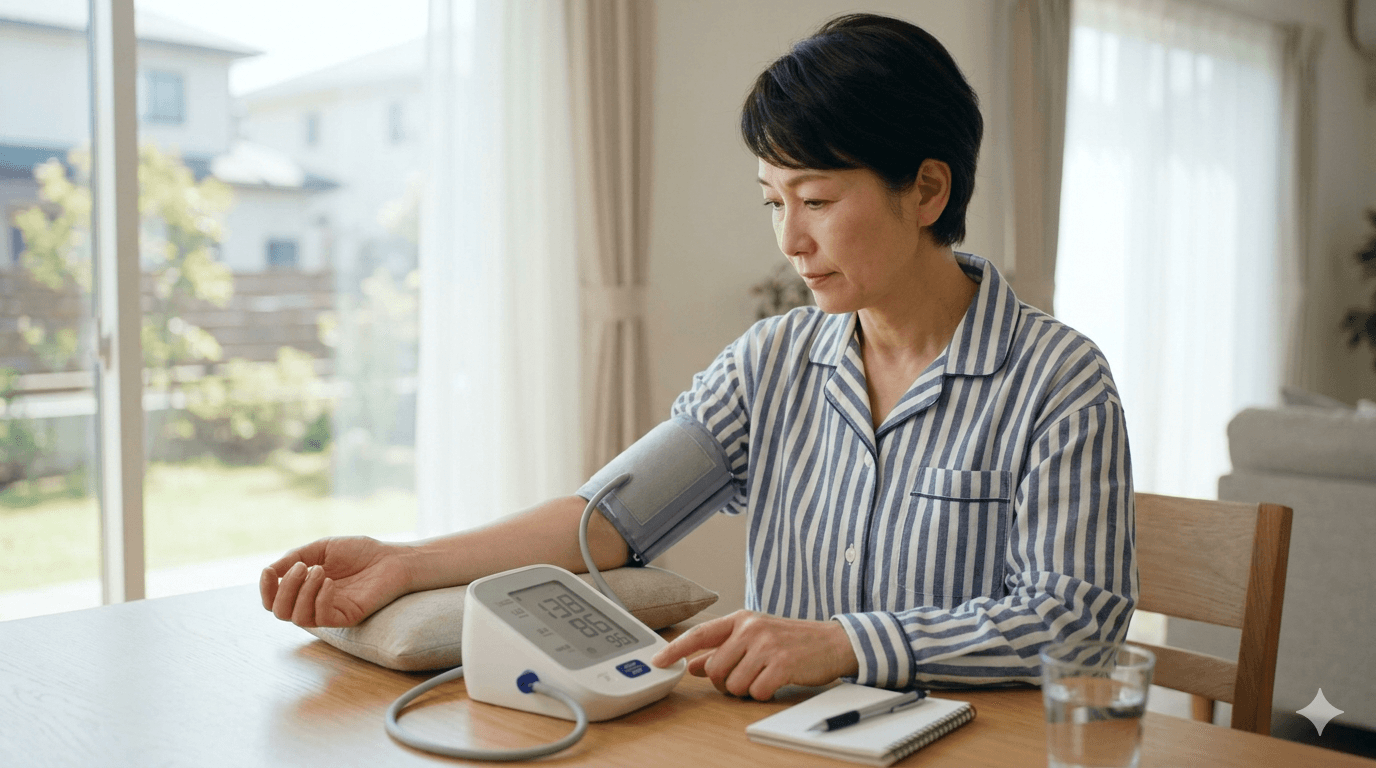 家庭で上腕式血圧計を使って血圧を測っている手元の写真