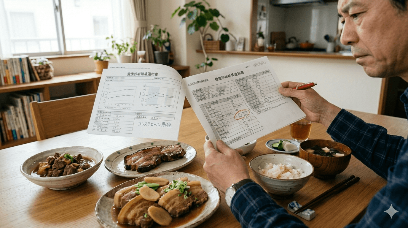 健診結果と食事を並べてLDLコレステロール高値を見直す写真