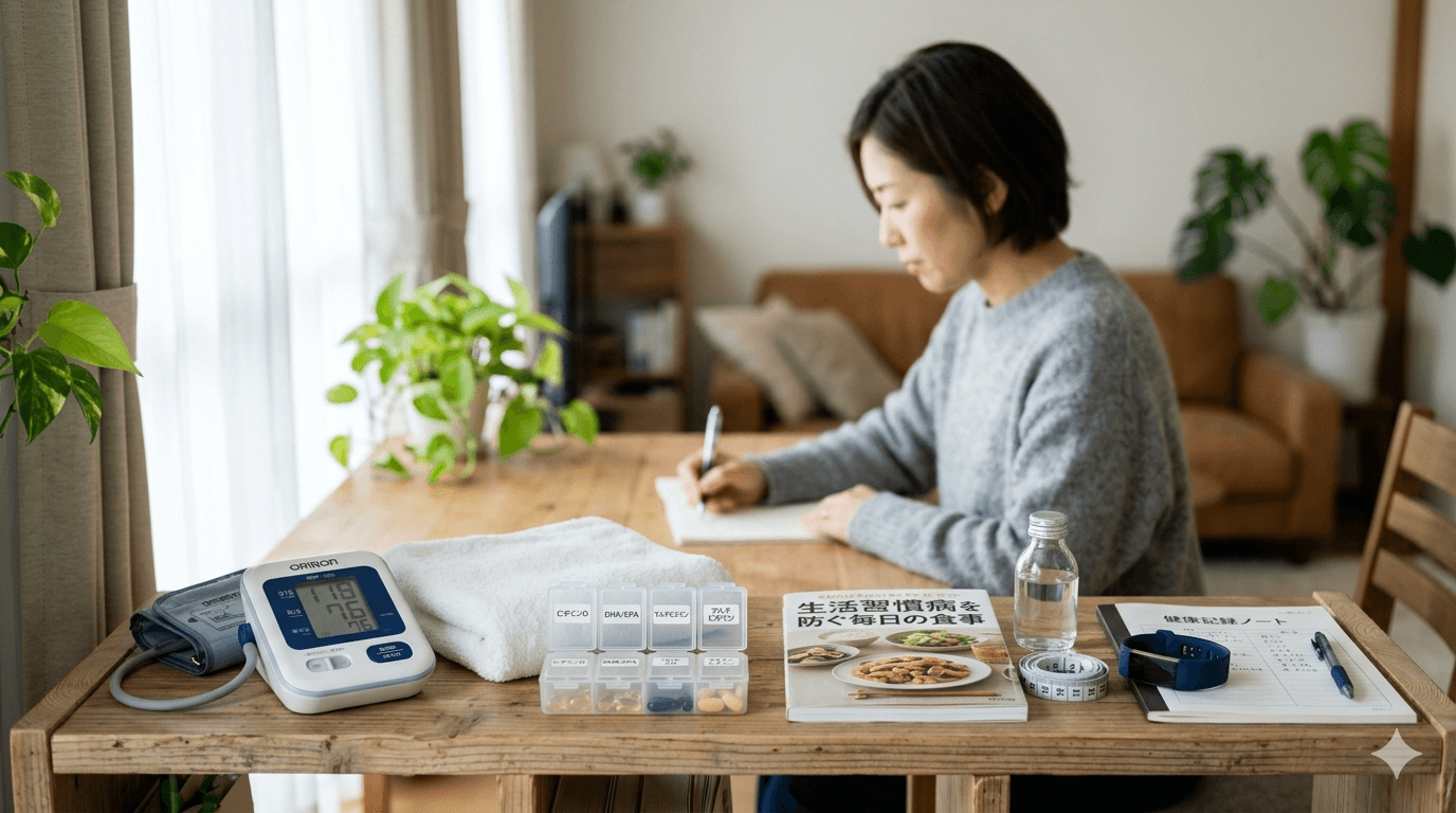 生活習慣病対策のセルフケア用品を清潔に並べた商品写真