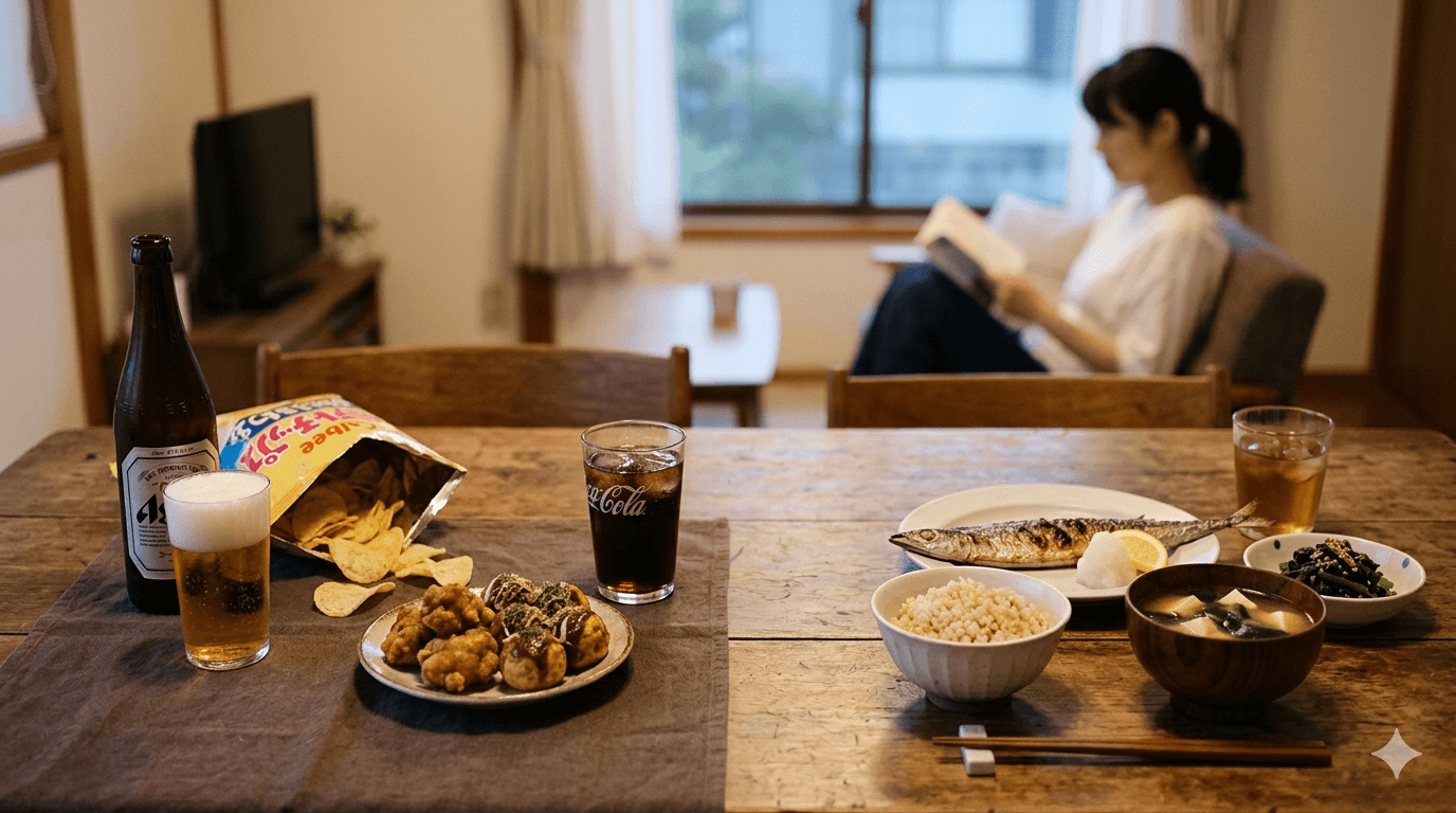 飲酒や甘い飲み物と食事を通して中性脂肪高値を連想できる写真